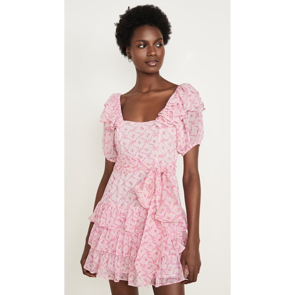 LoveShackFancy Kimbra Silk Dress Pink Floral Layered Ruffled Puff Sleeve Sz 6